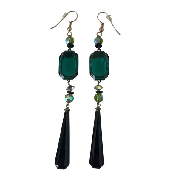 Vintage Jewelry - 1990s–2000s Teal Glass & Onyx-Style Drop Earrings